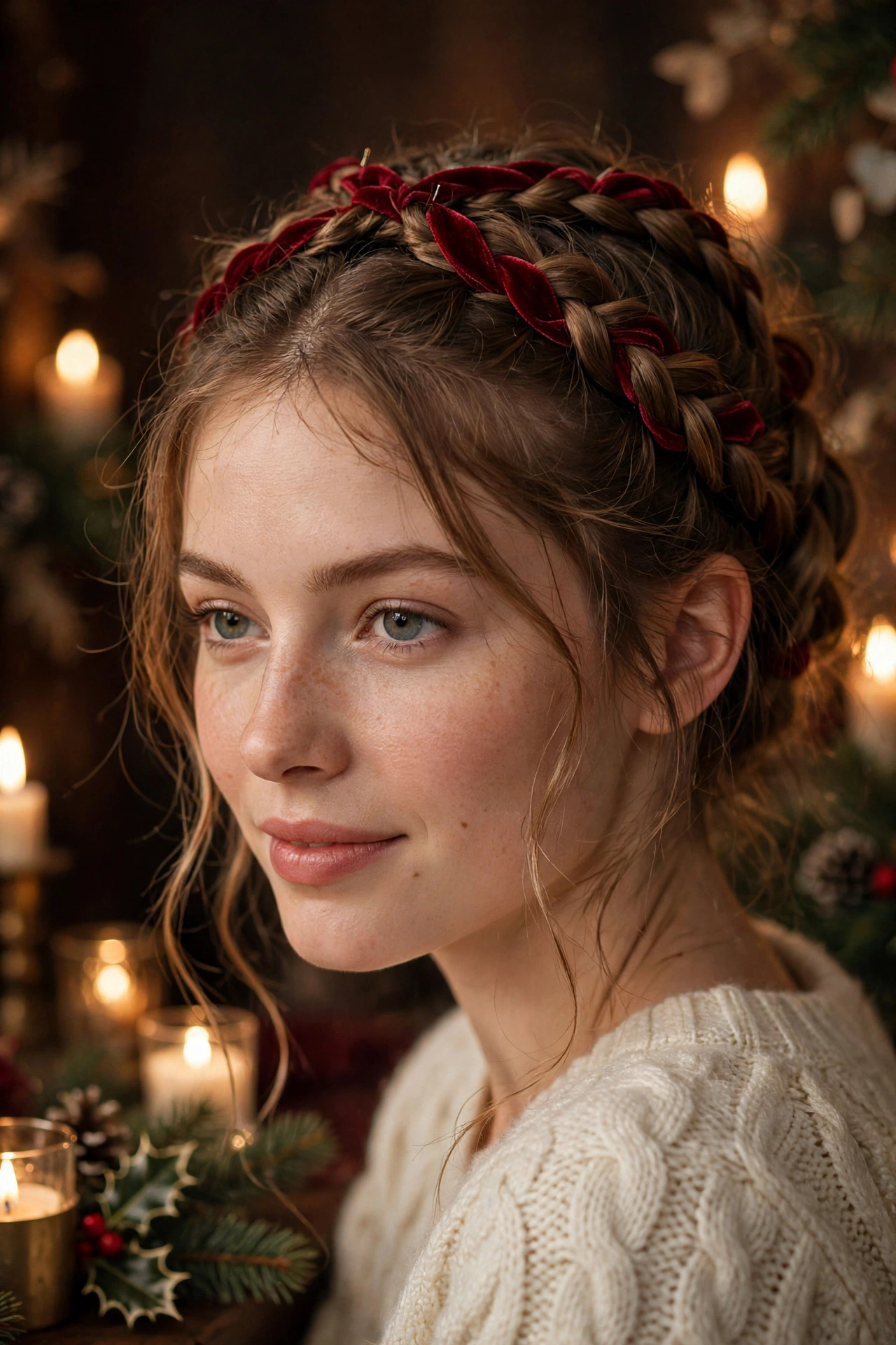 Milkmaid crown braids with red velvet ribbon for Christmas