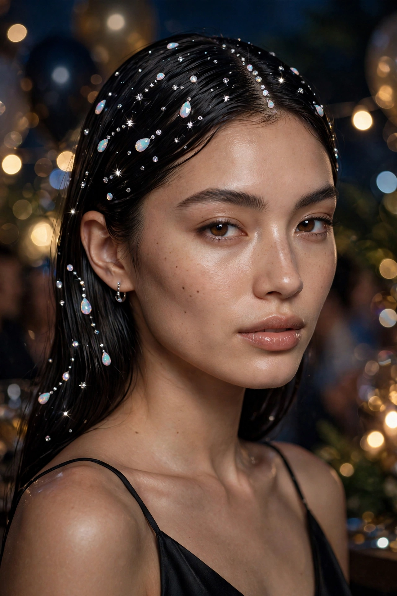 Sleek Christmas hairstyle scattered with crystal hair gems like stars