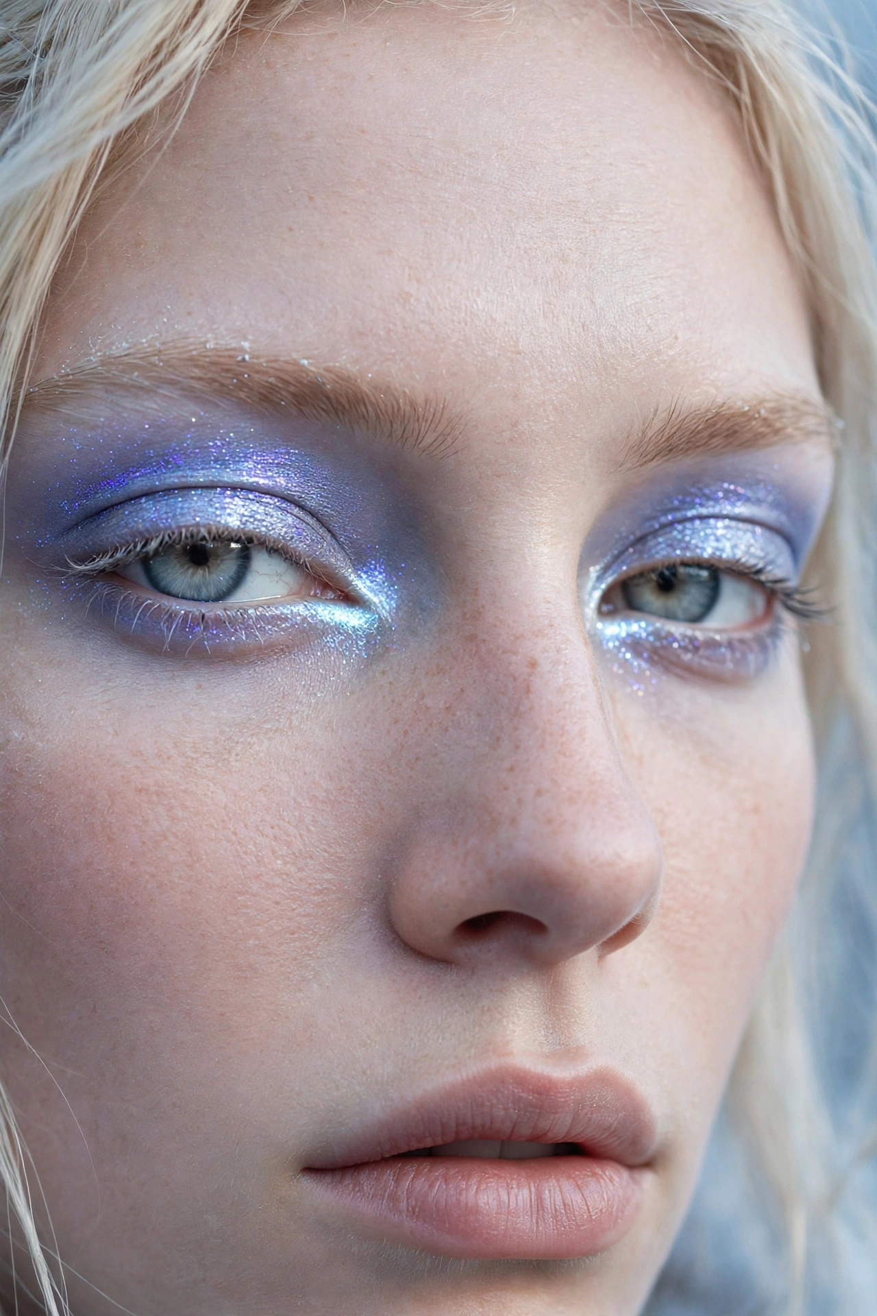 Icy blue frosted eyeshadow Christmas makeup look with cool shimmer on eyelids