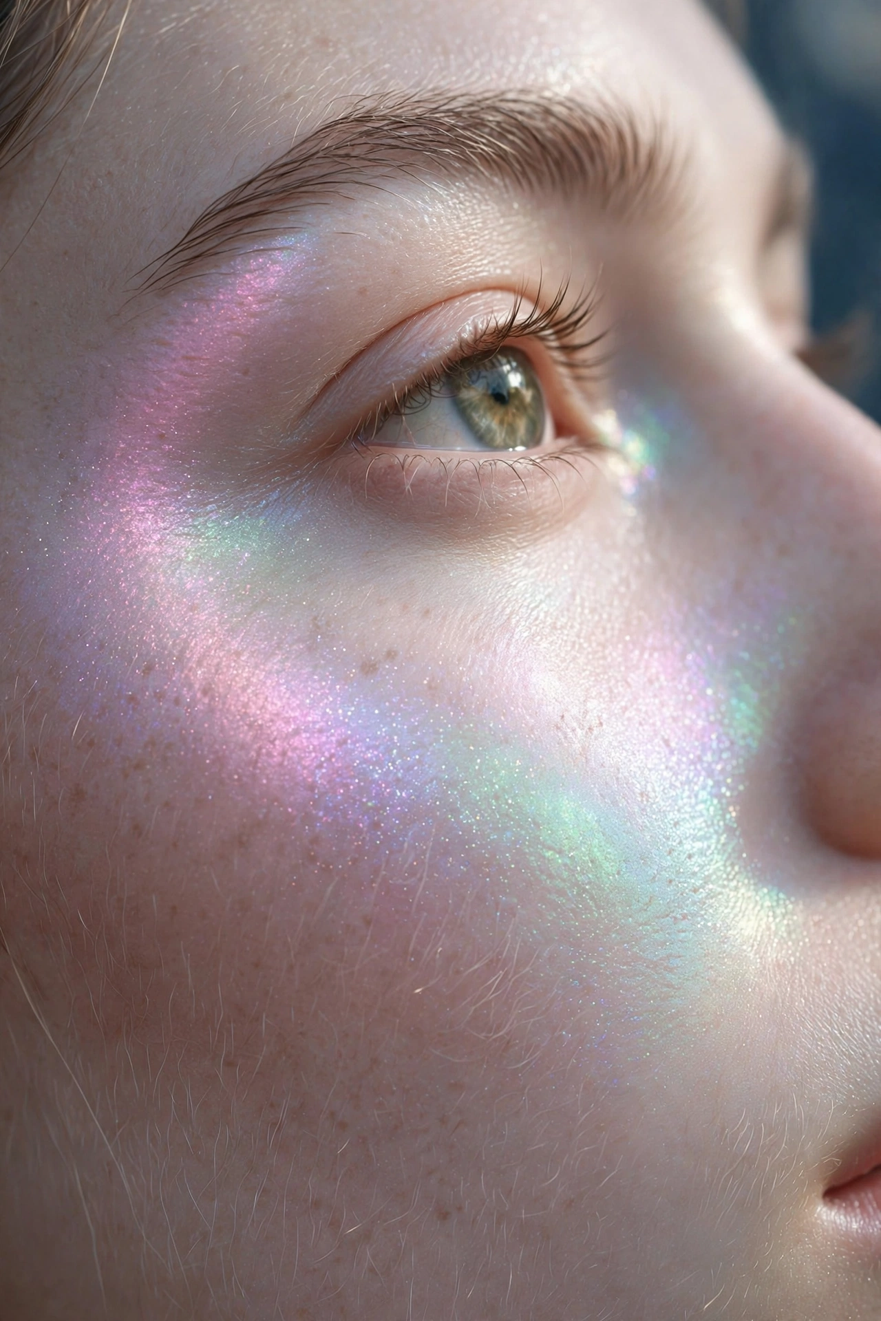 Opalescent holographic highlighter Christmas makeup look with iridescent glow on cheekbones