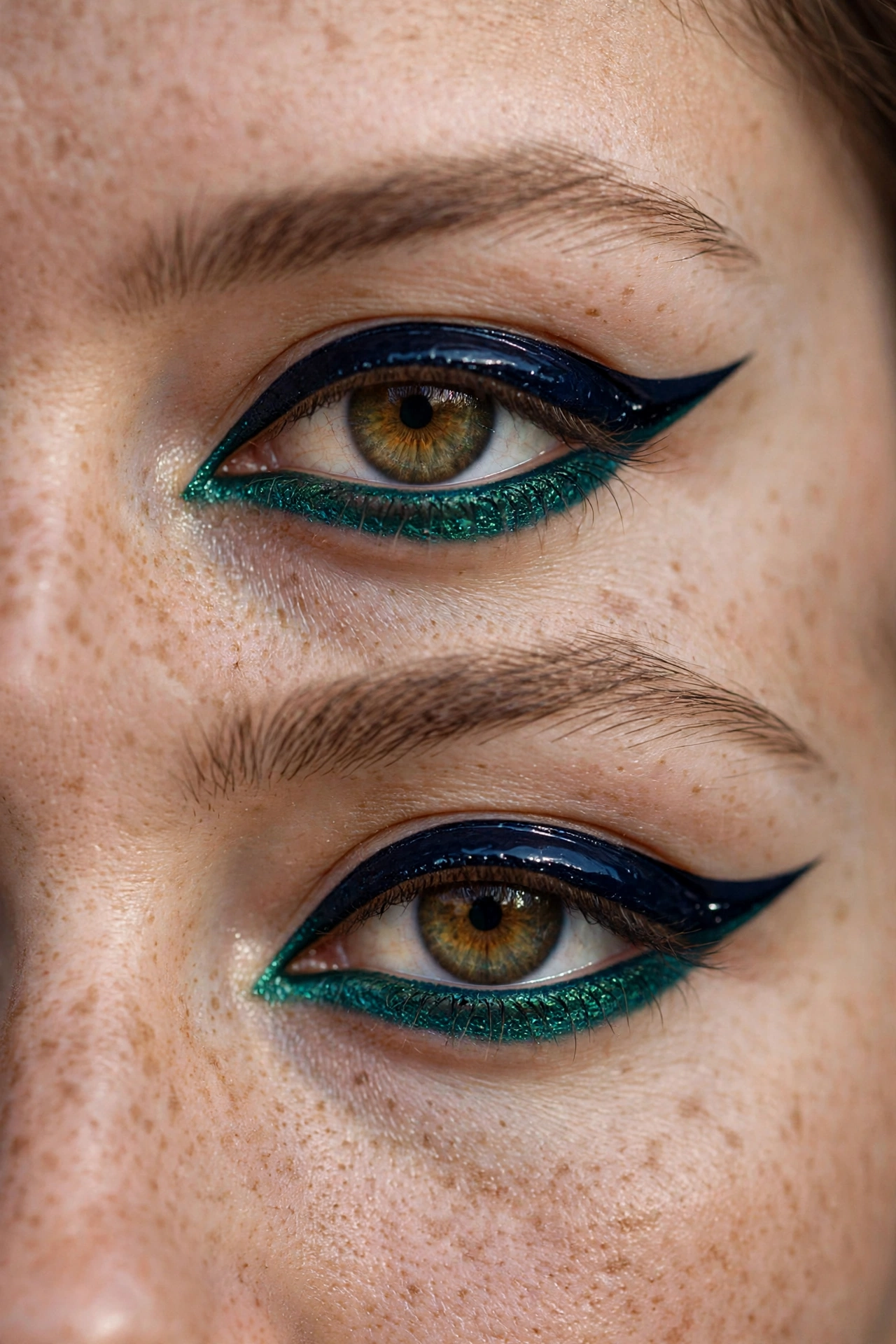 Navy blue winged eyeliner Christmas makeup look with jewel-toned liner
