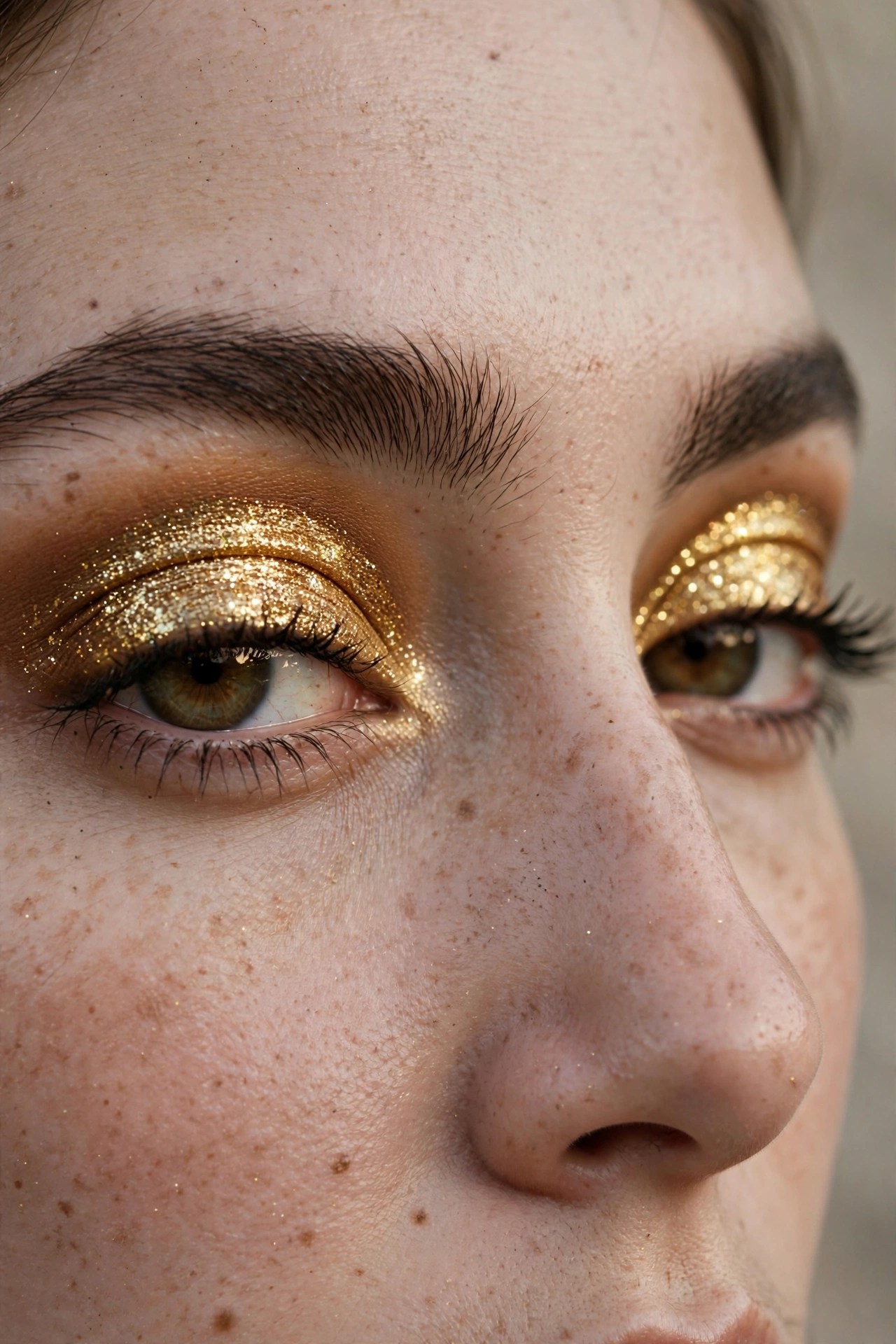Gold glitter cut crease Christmas eye makeup look with dramatic shimmer