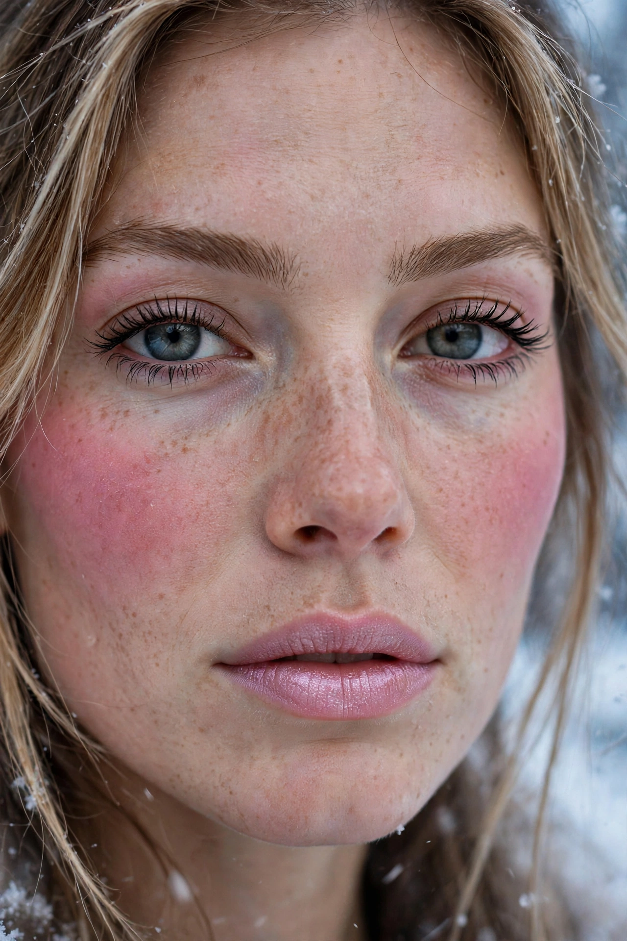 Frosted pink lipstick and cool blush Christmas makeup look with winter glow