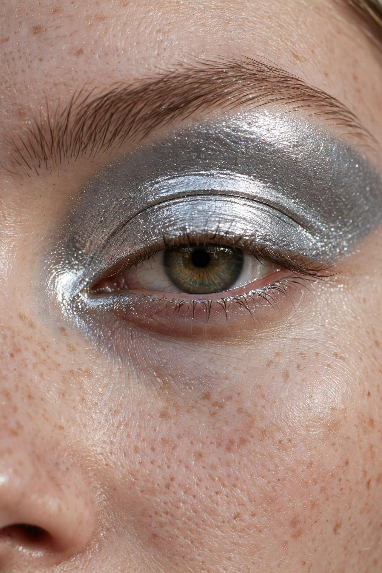 Silver chrome metallic eyeshadow Christmas makeup look with mirror finish