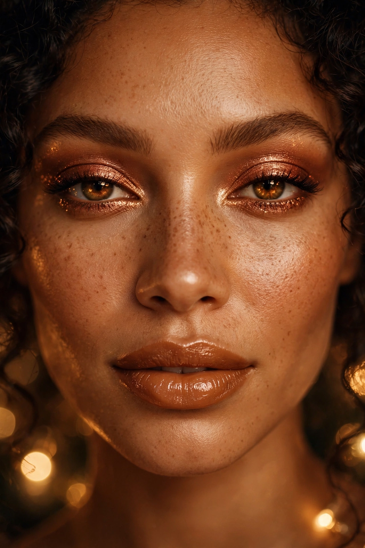 Bronze goddess glow Christmas makeup look with warm shimmer and bronzed skin