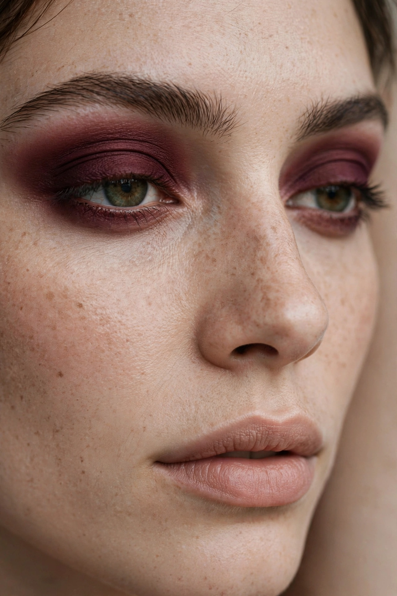 Velvet matte burgundy eyeshadow Christmas makeup look with wine-toned lids