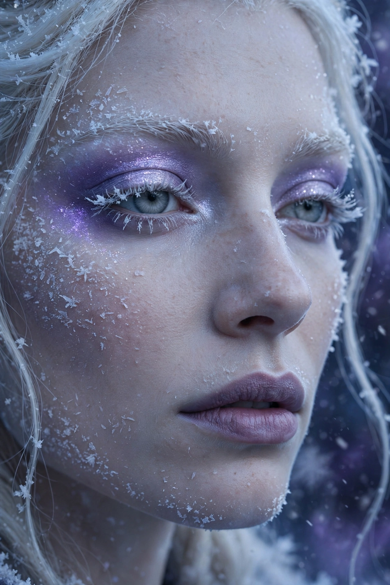 Frosted lavender shimmer eyeshadow Christmas makeup look with cool purple tones