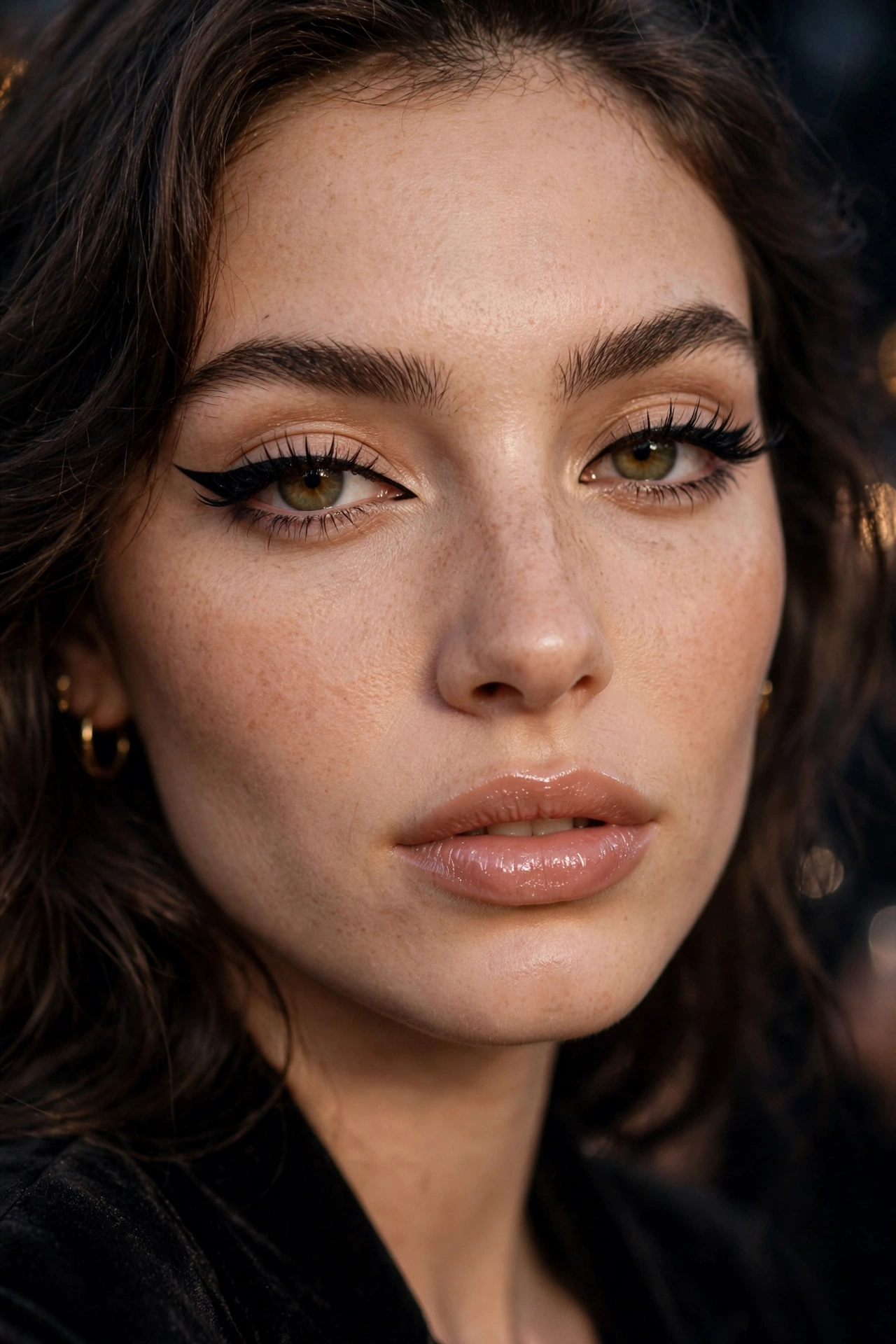Black cat eye eyeliner with nude glossy lips Christmas makeup look