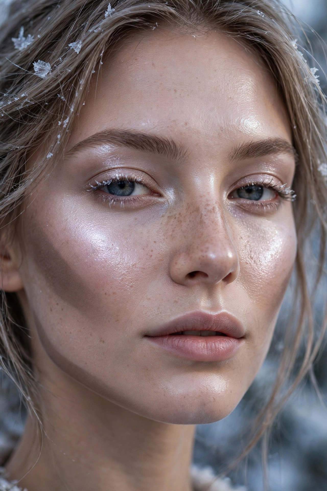 Frosted face Christmas makeup look with cool contour and icy highlighter