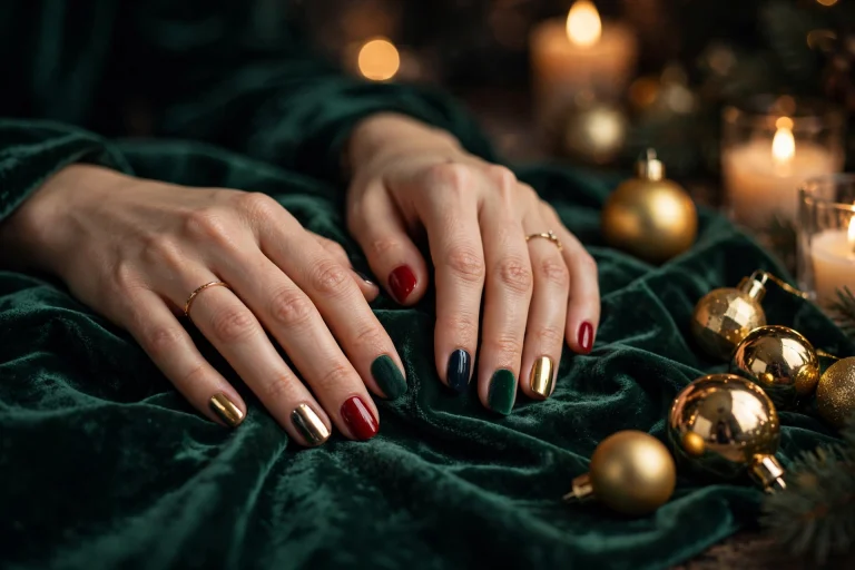 Woman's hands with mismatched Christmas nails in jewel tones — emerald velvet, ruby red, gold chrome — on velvet fabric with gold ornaments