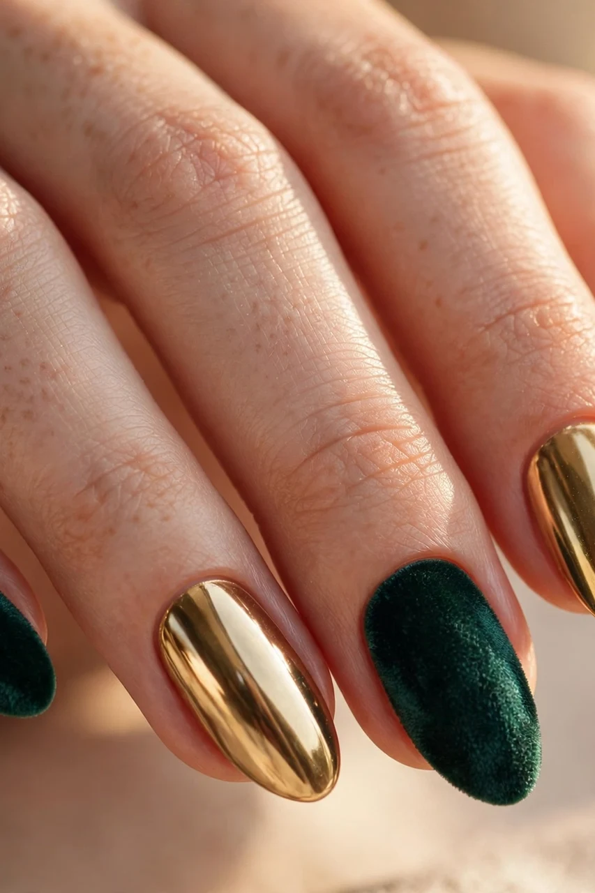 Almond nails alternating emerald velvet and mirror gold chrome for mismatched Christmas nails