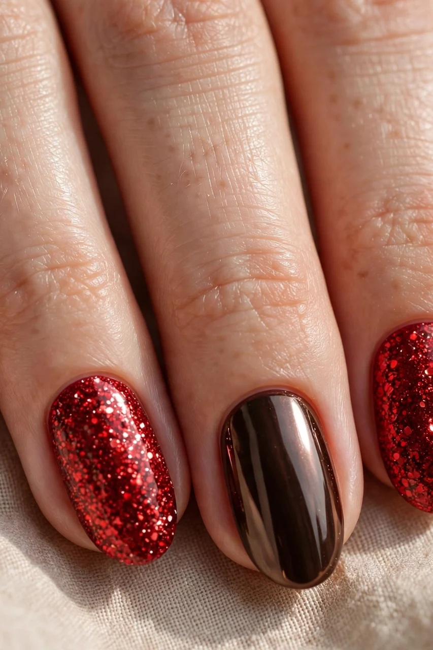 Red glitter and espresso chrome mismatched Christmas nails with crossed finishes
