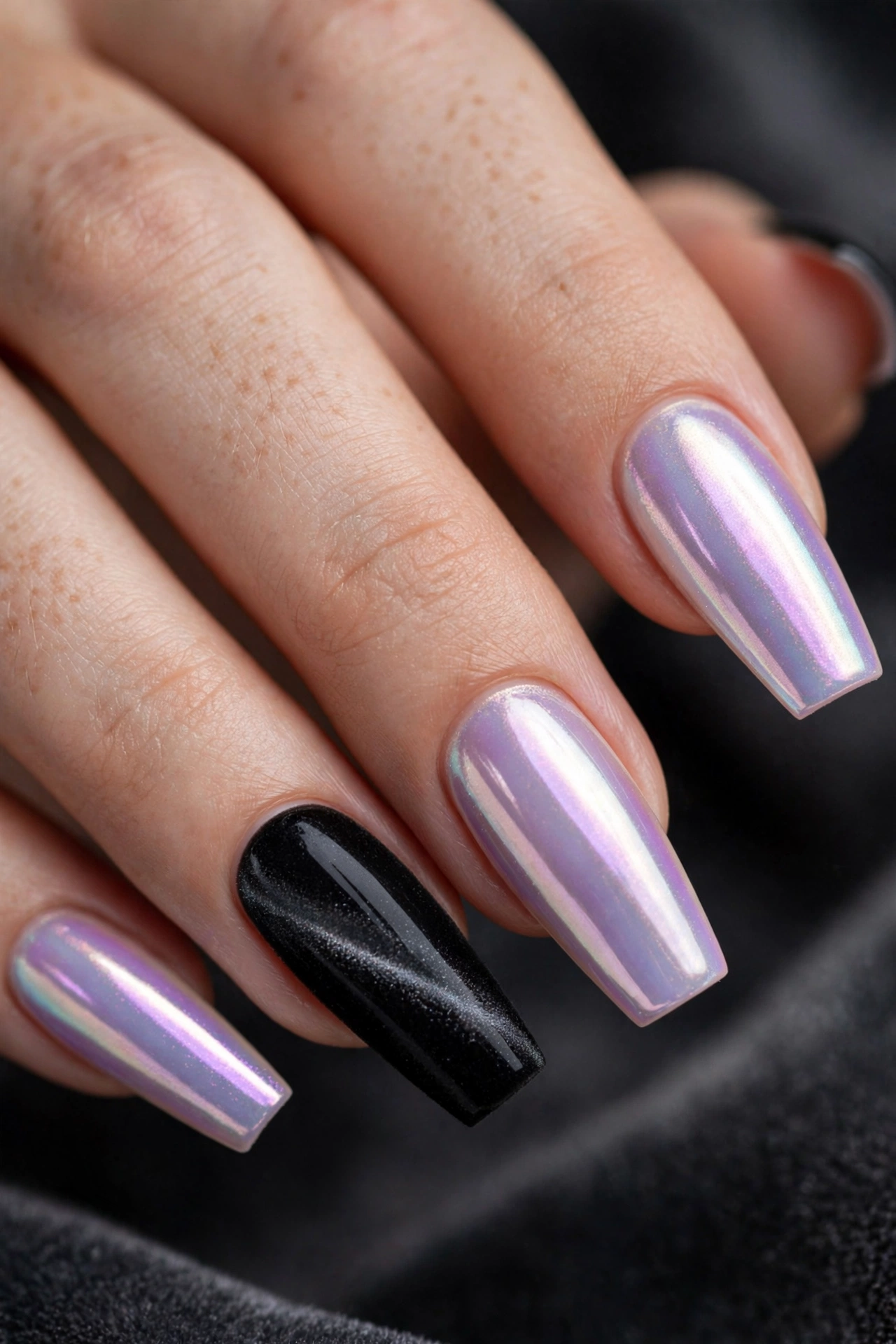Opal aurora chrome nails alternating with black velvet cat-eye Christmas nails