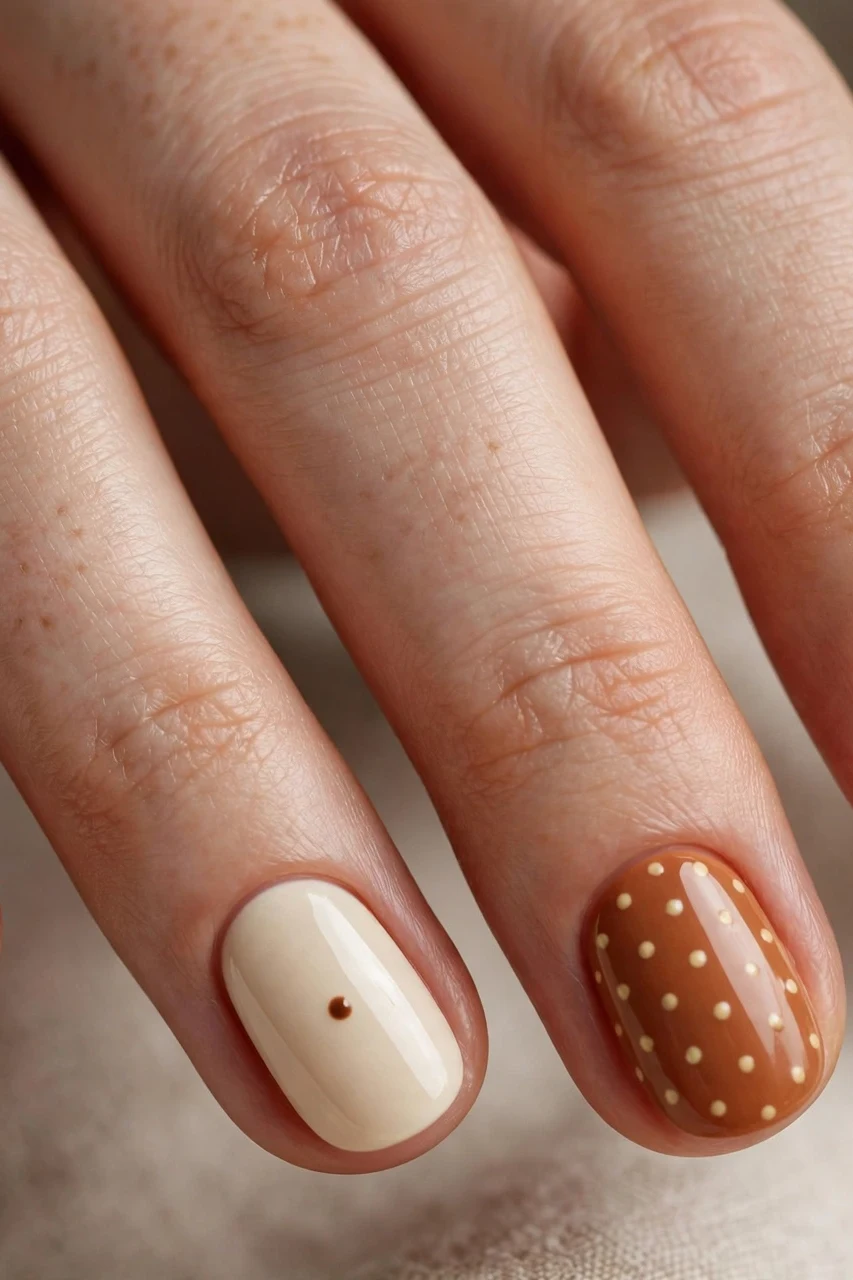 Gingerbread brown nails with cream dots mixed with cream nails and brown dots