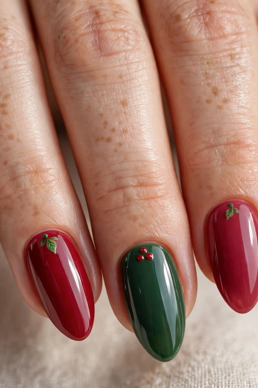 Wreath green nails with red berries alternating with berry red nails and leaf dots