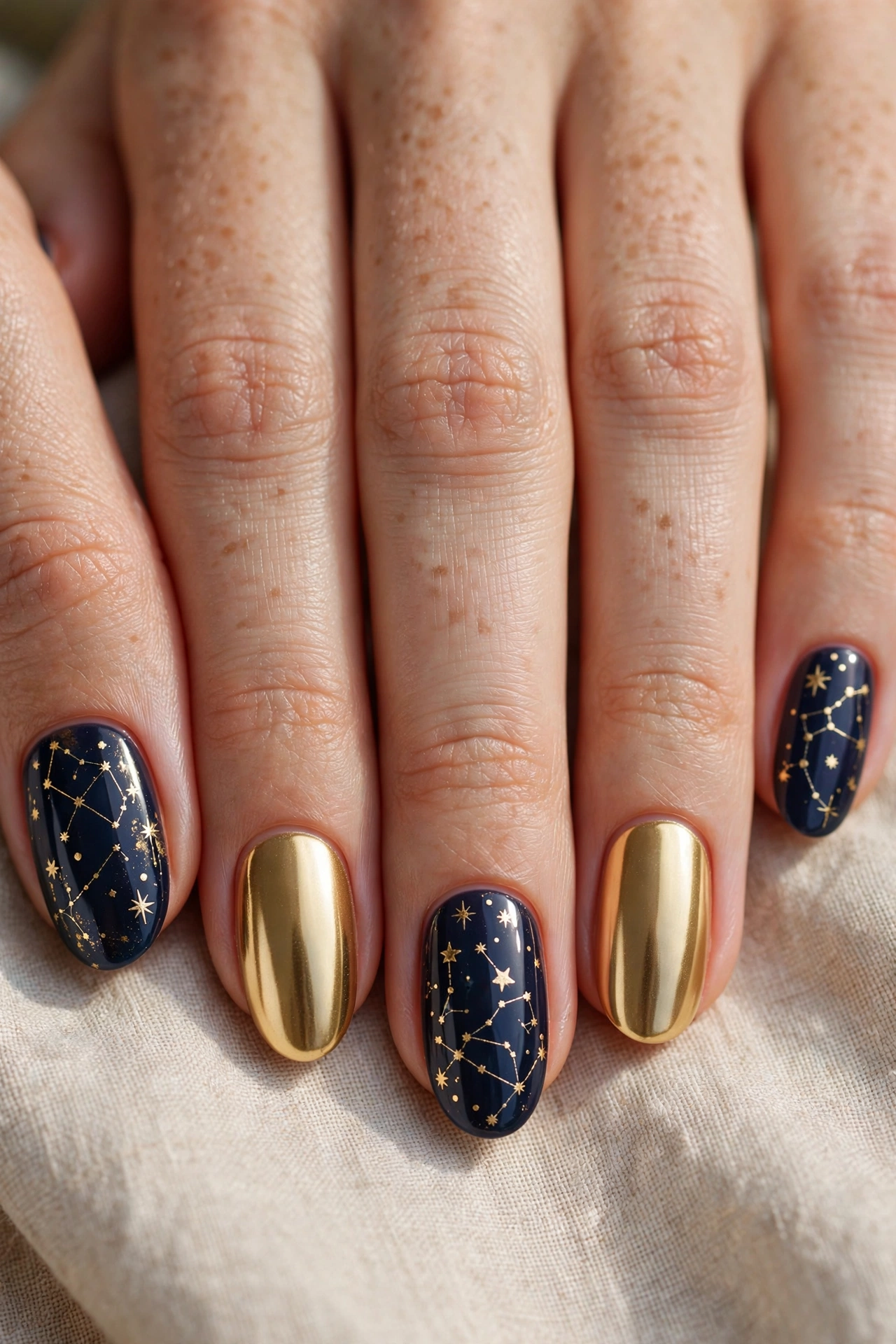 Starry night navy nails with gold constellations alternating with glossy gold nails