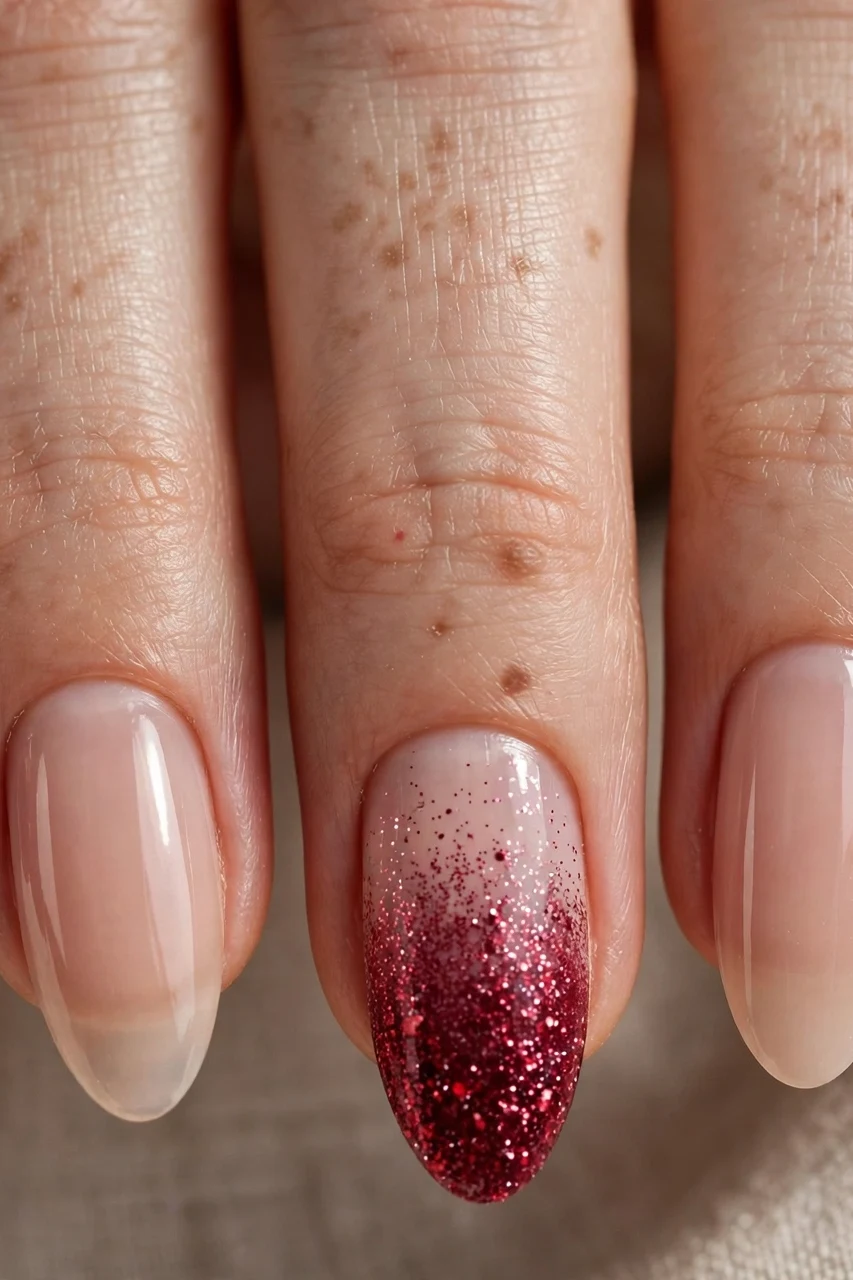 Cranberry glitter fade nails alternating with sheer nude Christmas nails