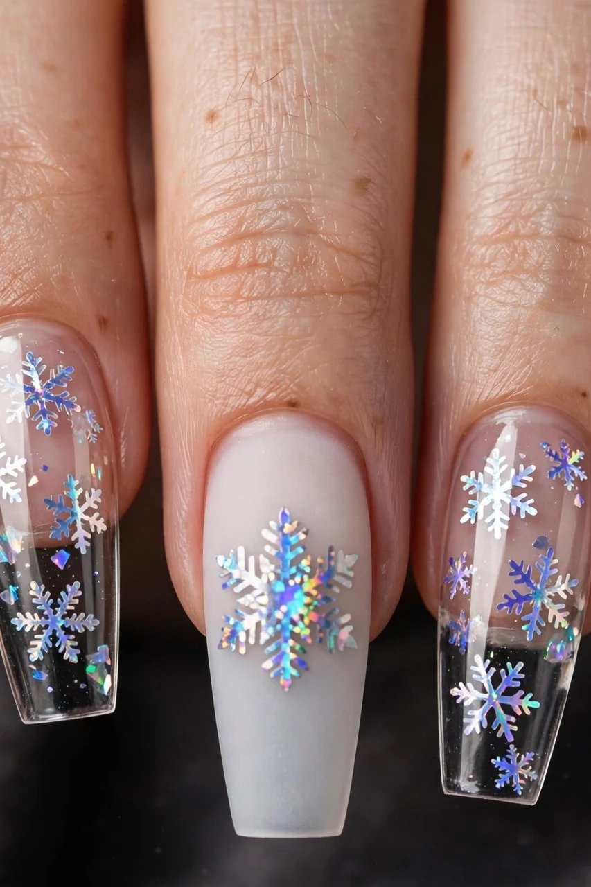 Clear glass nails with encapsulated holographic snowflakes and frosted white nails