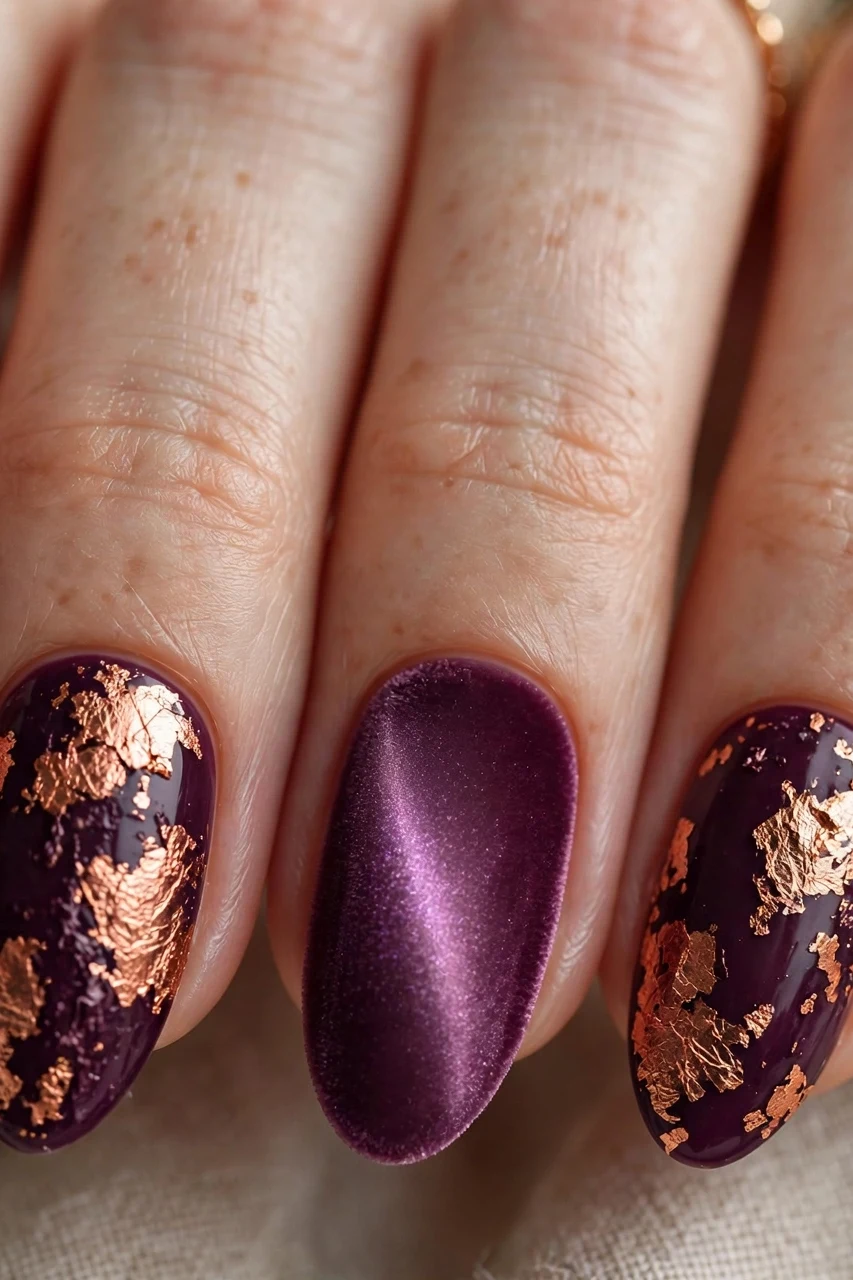 Plum velvet magnetic nails with copper foil accents for Christmas