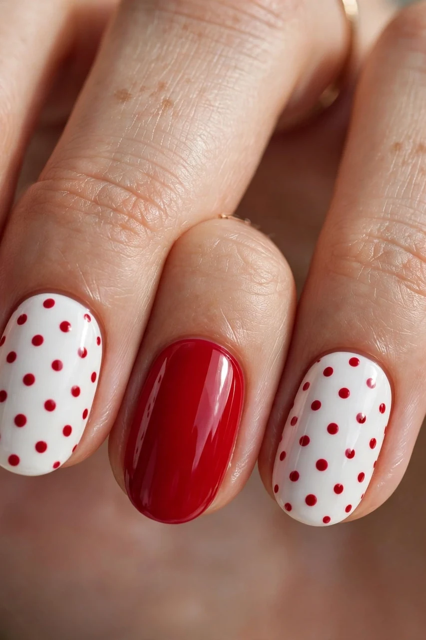 Candy apple red nails alternating with white polka dot nails for Christmas