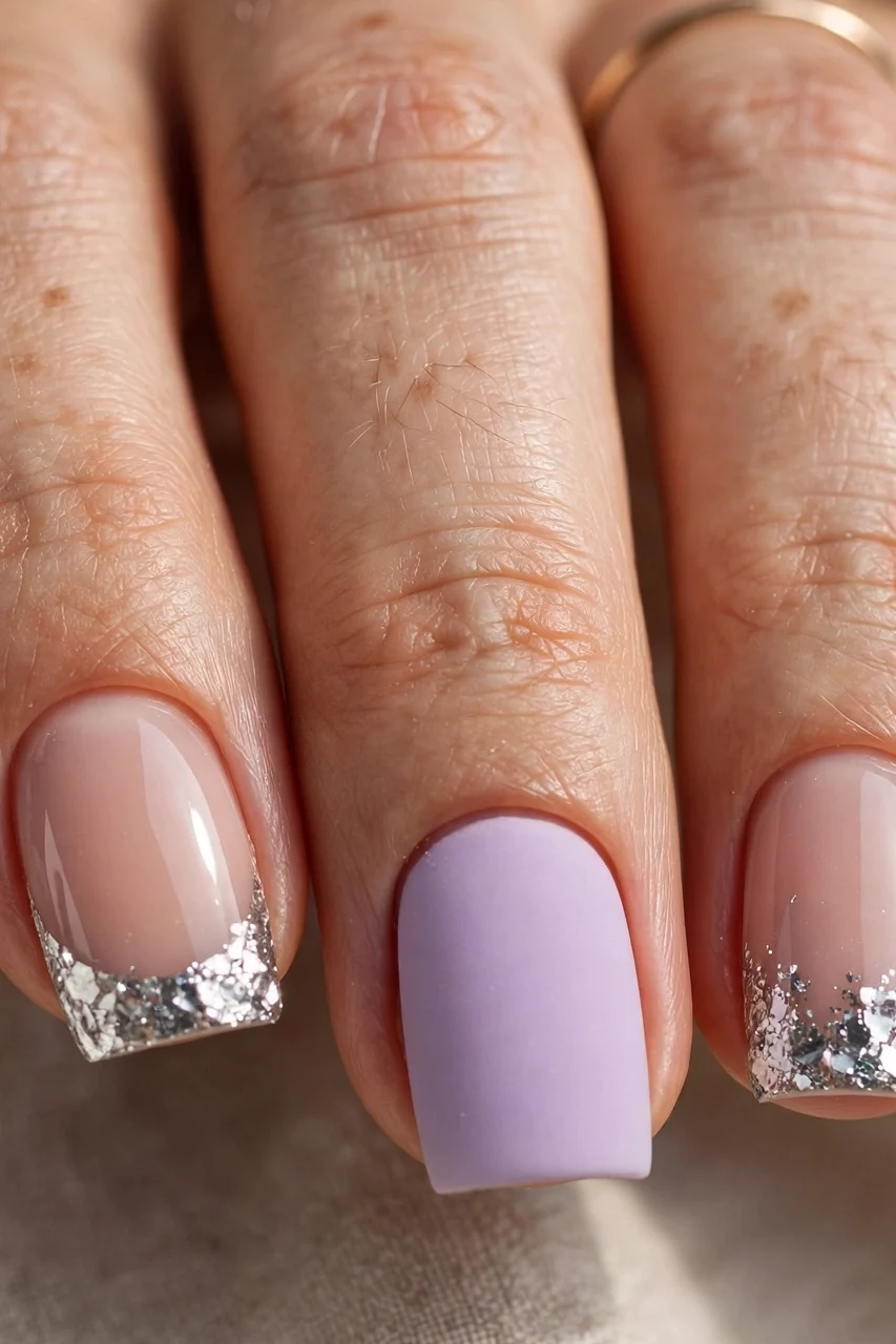 Frosted lilac nails with silver glitter-tipped nude nails for an icy Christmas mani