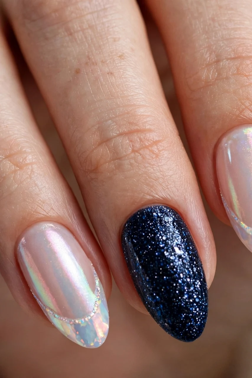 Midnight blue glitter nails with opal French tips over sheer pearl