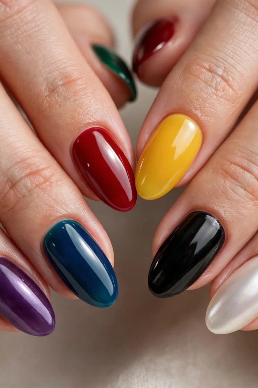 Ten different jewel-tone nails — emerald, ruby, sapphire, amethyst — mismatched Christmas mani