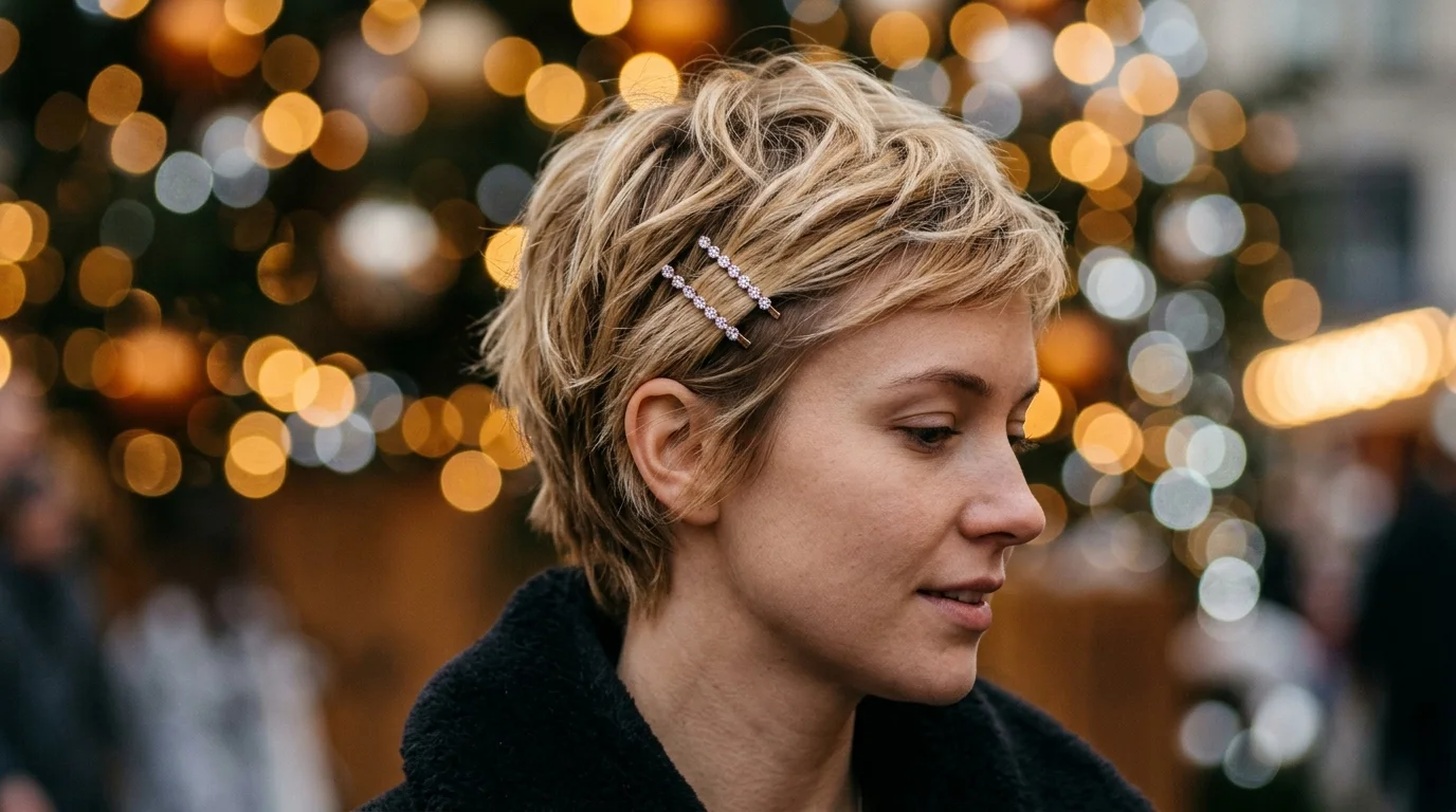 Textured pixie with crystal side pins, a sparkling christmas party hairstyle