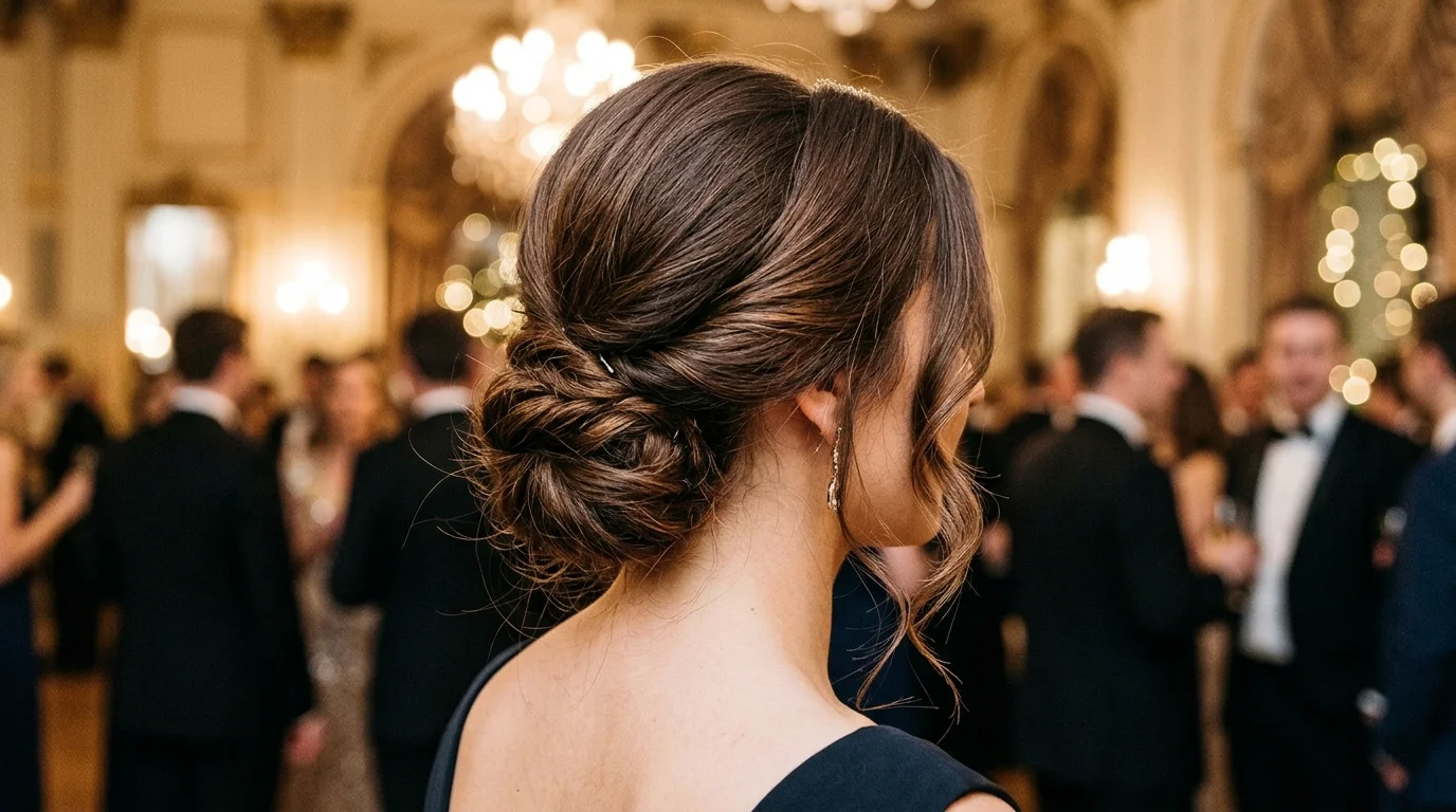 Classic low chignon with side part, a timeless christmas party hairstyle