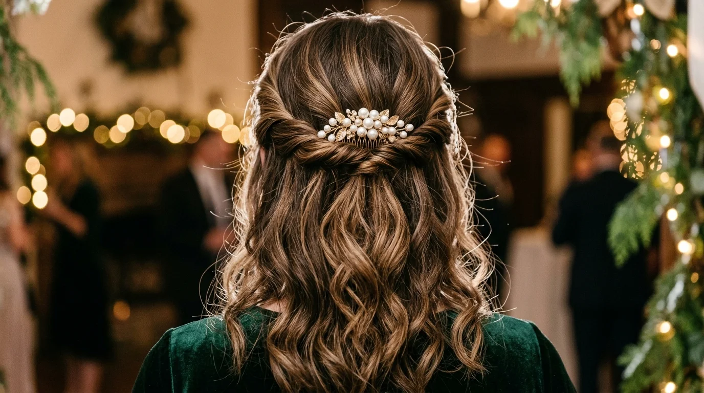 Twisted half-up with pearl comb, an easy christmas party hairstyle
