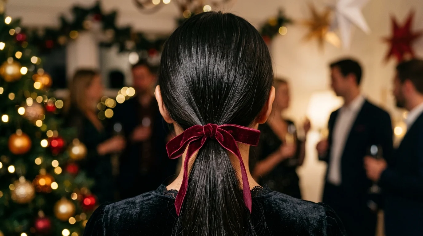 Sleek low ponytail with velvet ribbon, a chic christmas party hairstyle