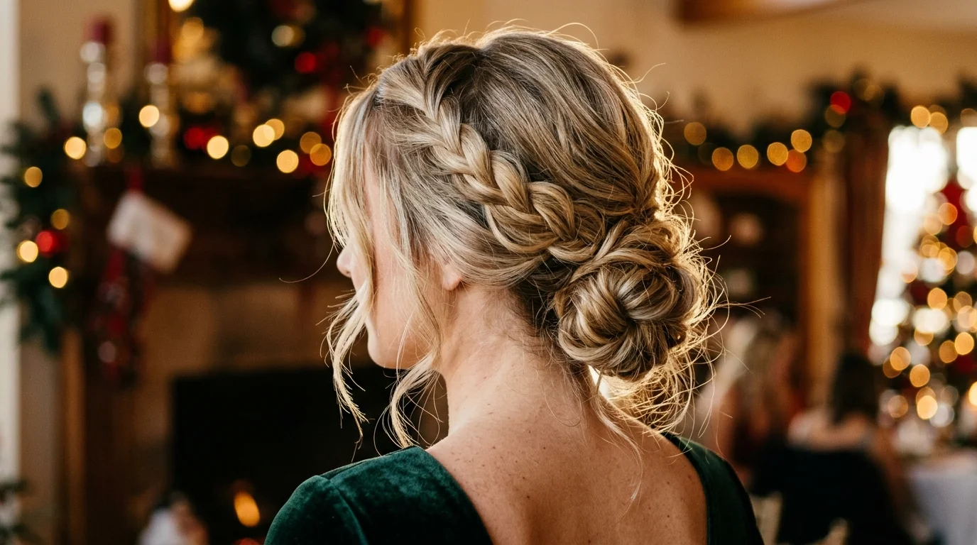 Romantic loose braided updo, an intricate christmas party hairstyle