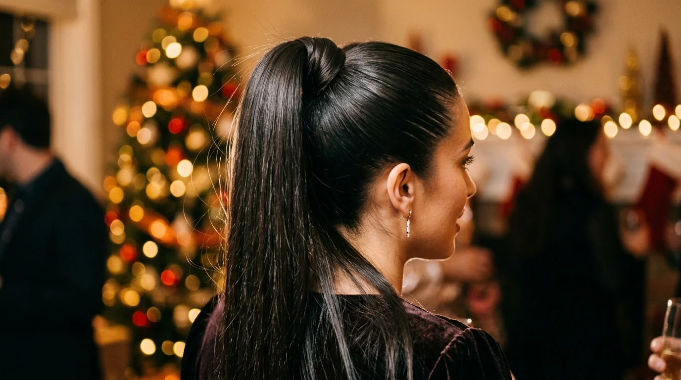 Sleek wrapped high ponytail, a polished christmas party hairstyle for long hair