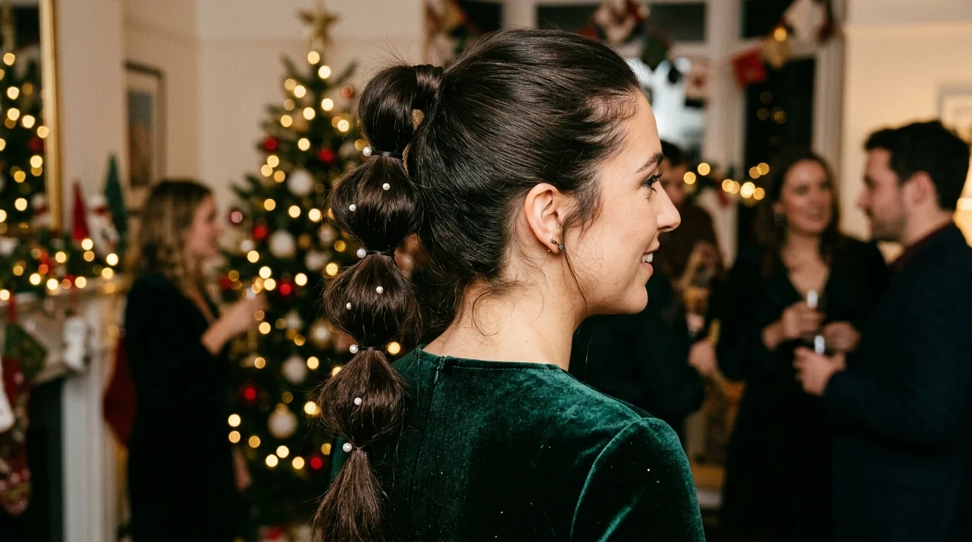 Bubble braid ponytail with pearls, a playful christmas party hairstyle for long hair