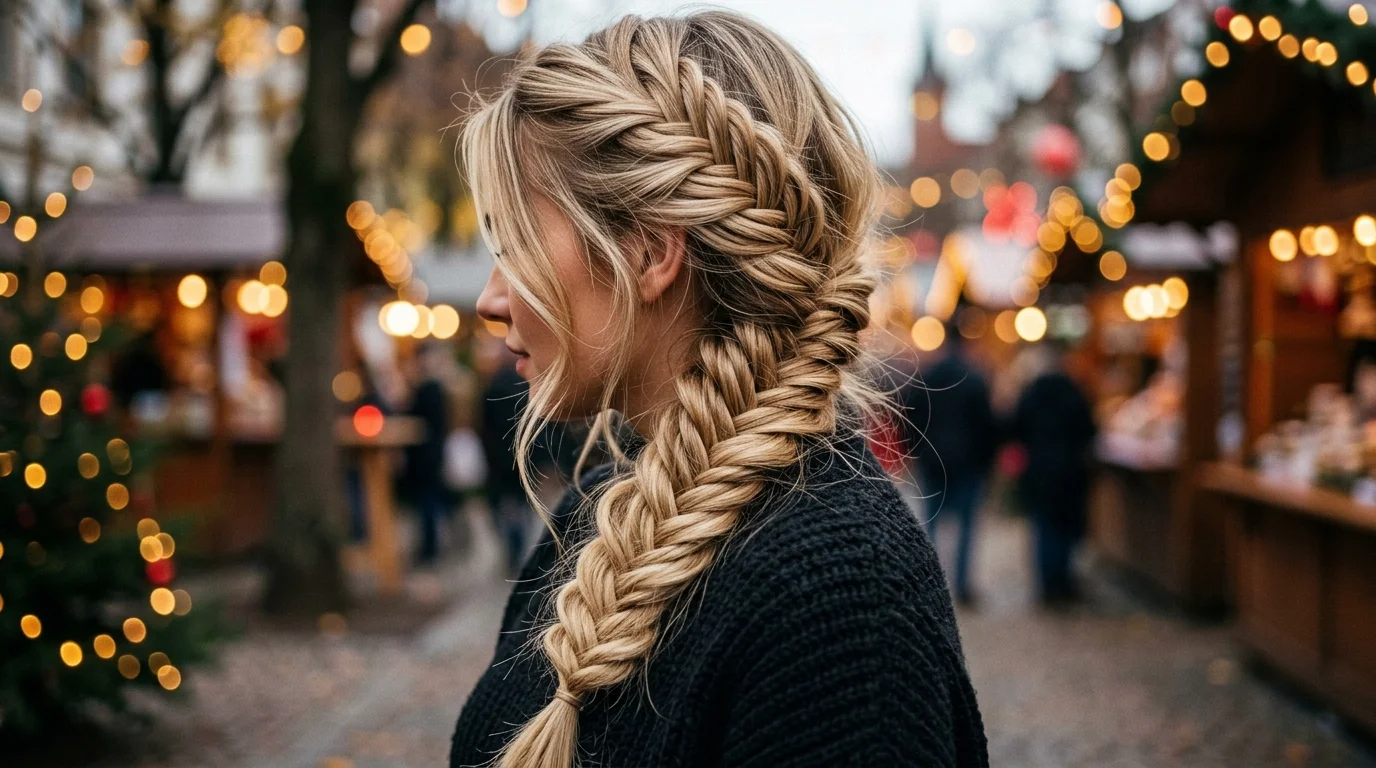 Fishtail braid over one shoulder, a romantic christmas party hairstyle
