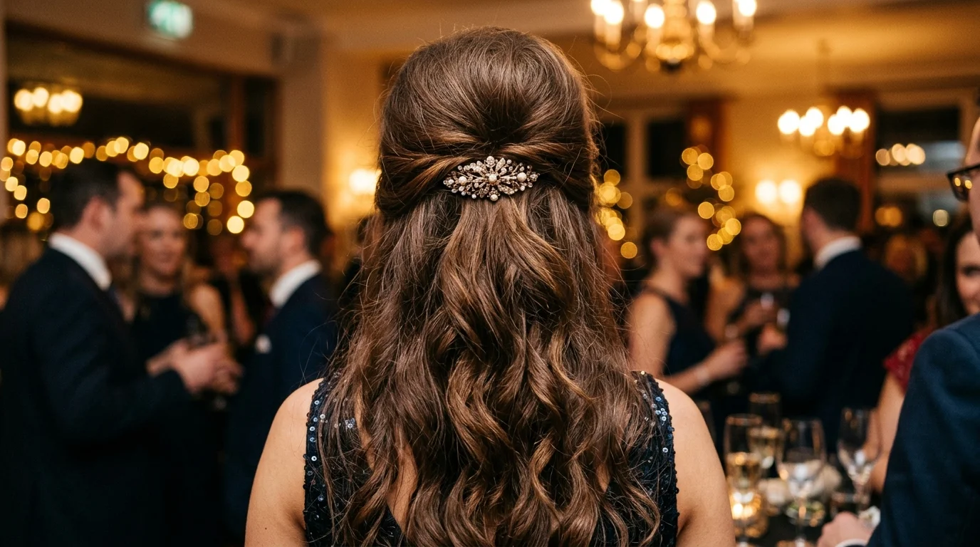 Voluminous half-up crown, a regal christmas party hairstyle for long hair