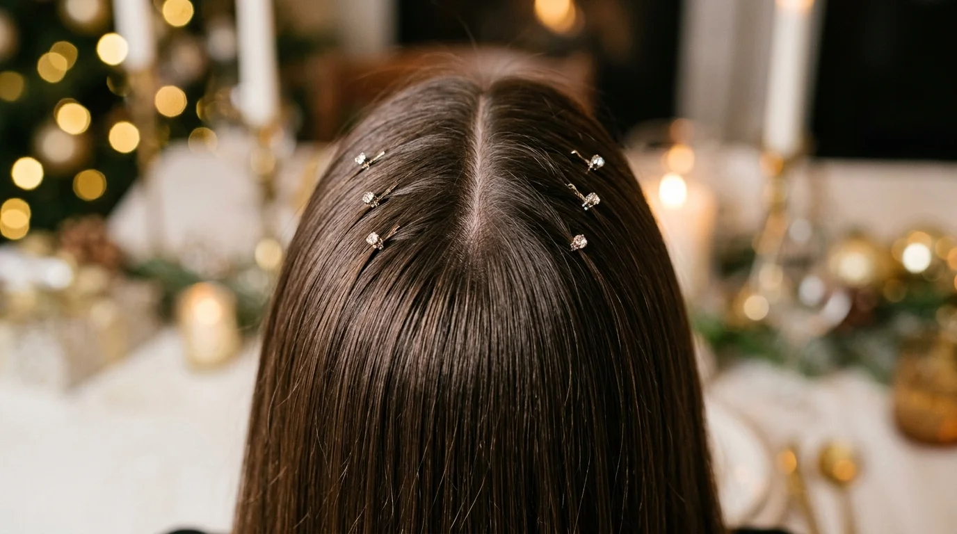 Silky straight hair with crystal part pins, the fastest christmas party hairstyle