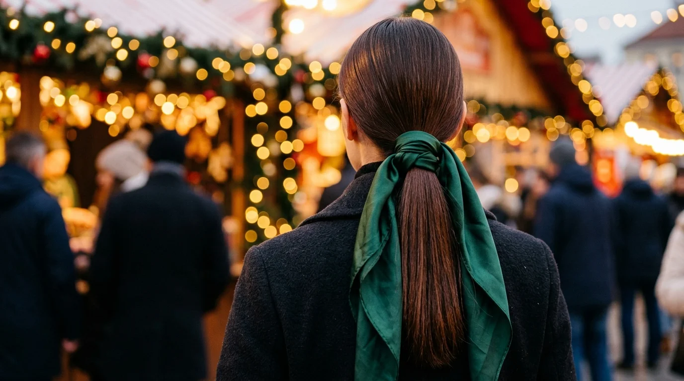Low ponytail with silk scarf wrap, a chic christmas party hairstyle