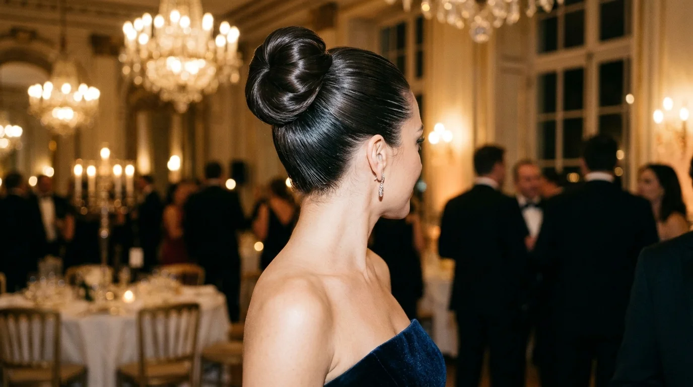 Sculpted high bun for a strapless dress, an elegant christmas party hairstyle