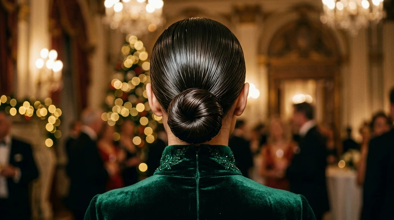 Sleek low bun with a high neckline dress, a refined christmas party hairstyle