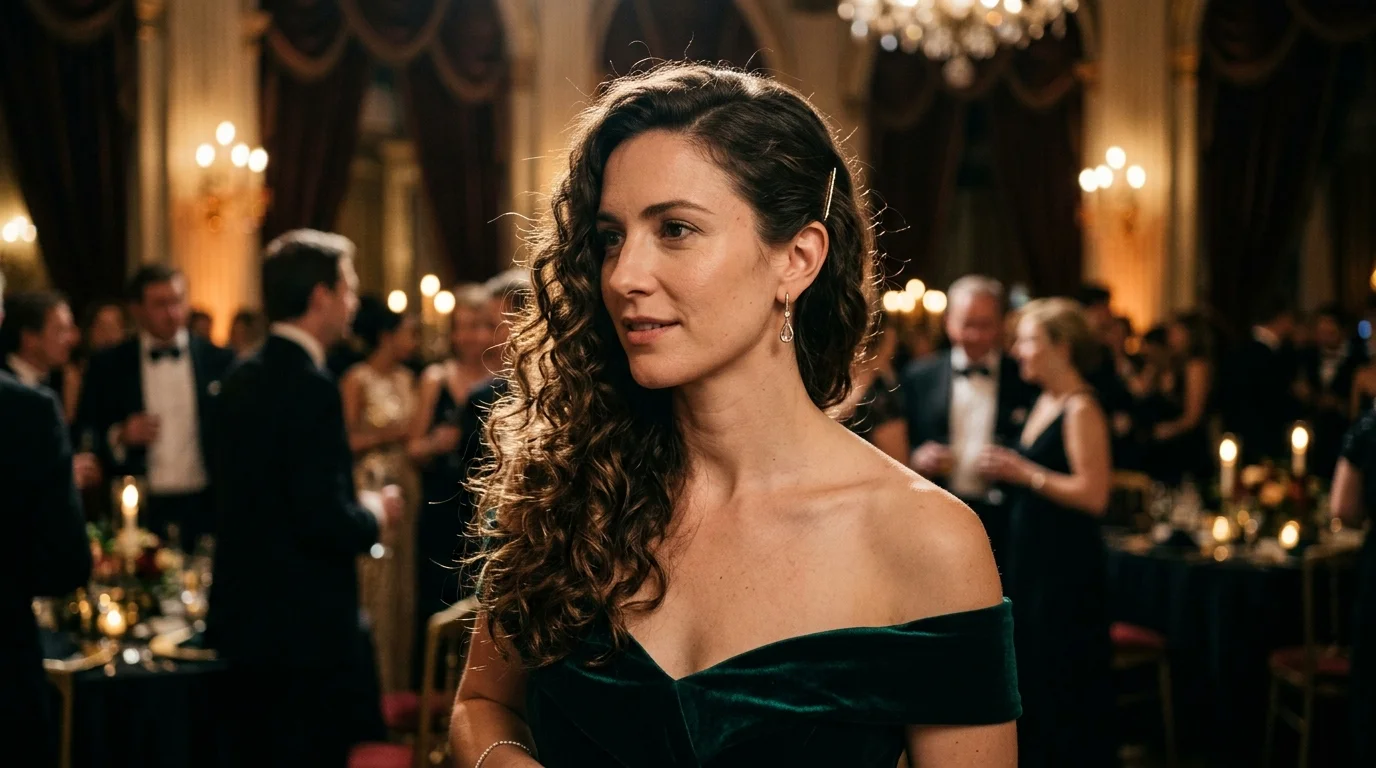 Asymmetric side sweep for a one-shoulder dress, a striking christmas party hairstyle