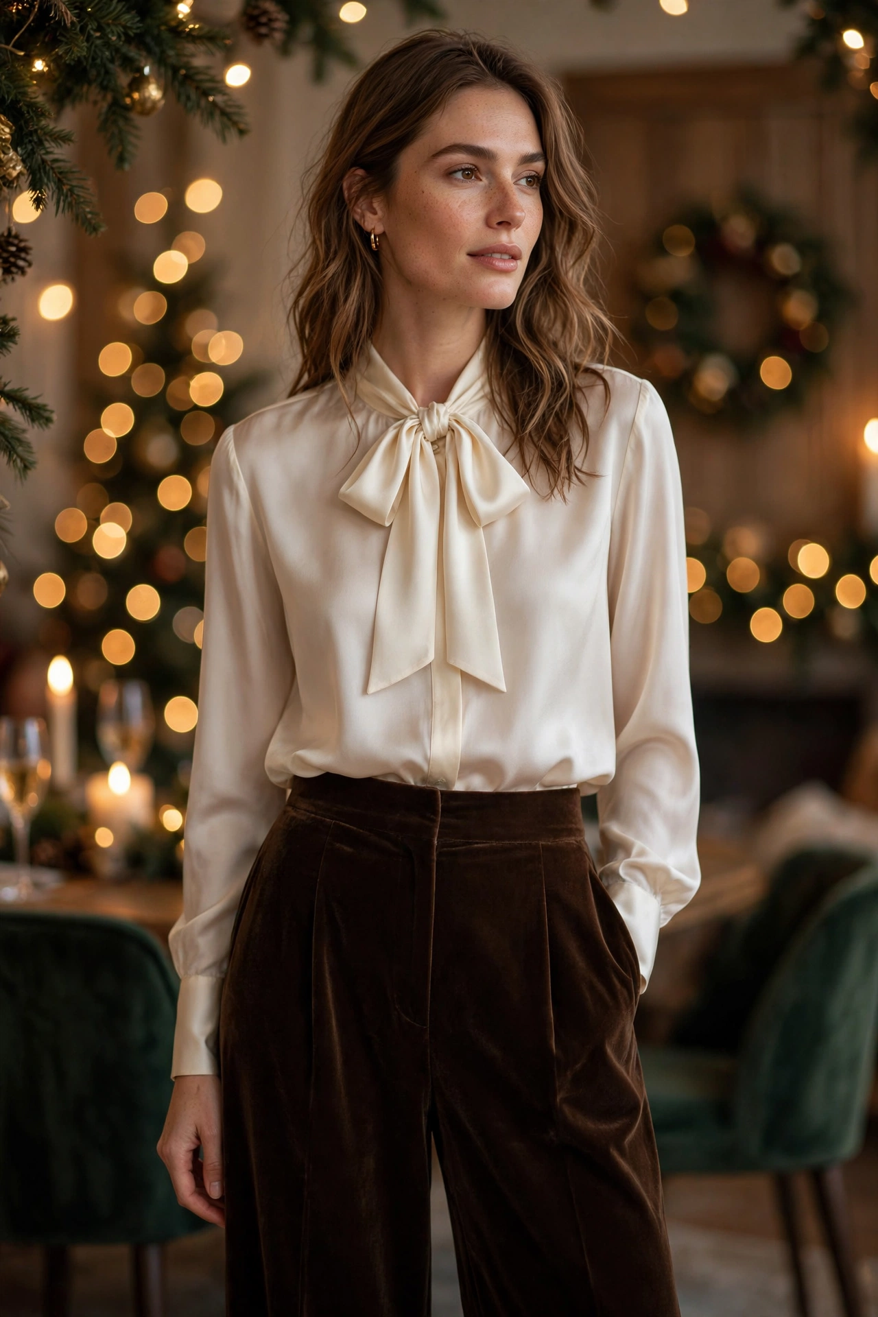 Woman wearing espresso brown velvet trousers with cream silk blouse Christmas party outfit