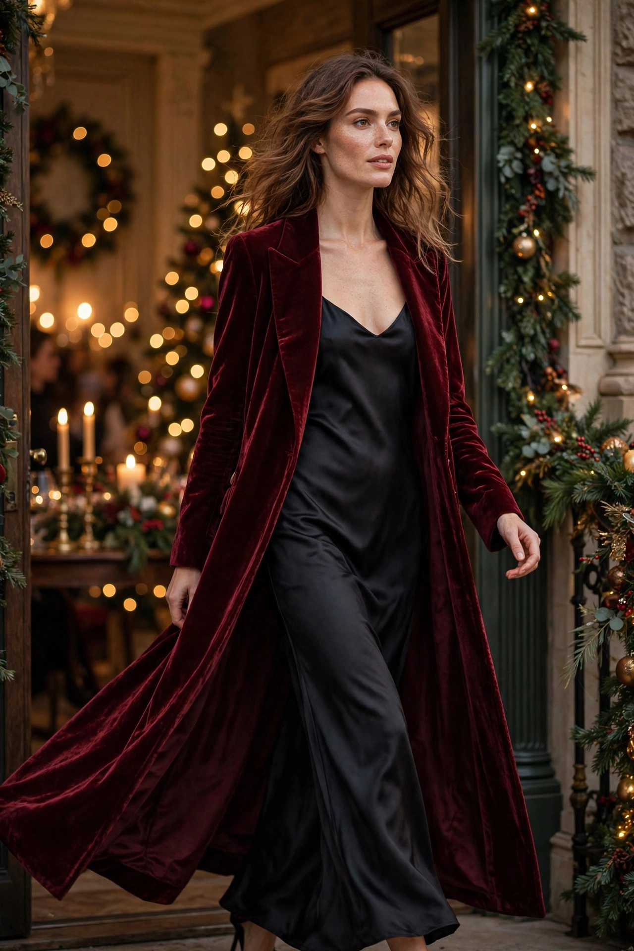Woman wearing a black satin slip dress with burgundy velvet opera coat Christmas party outfit