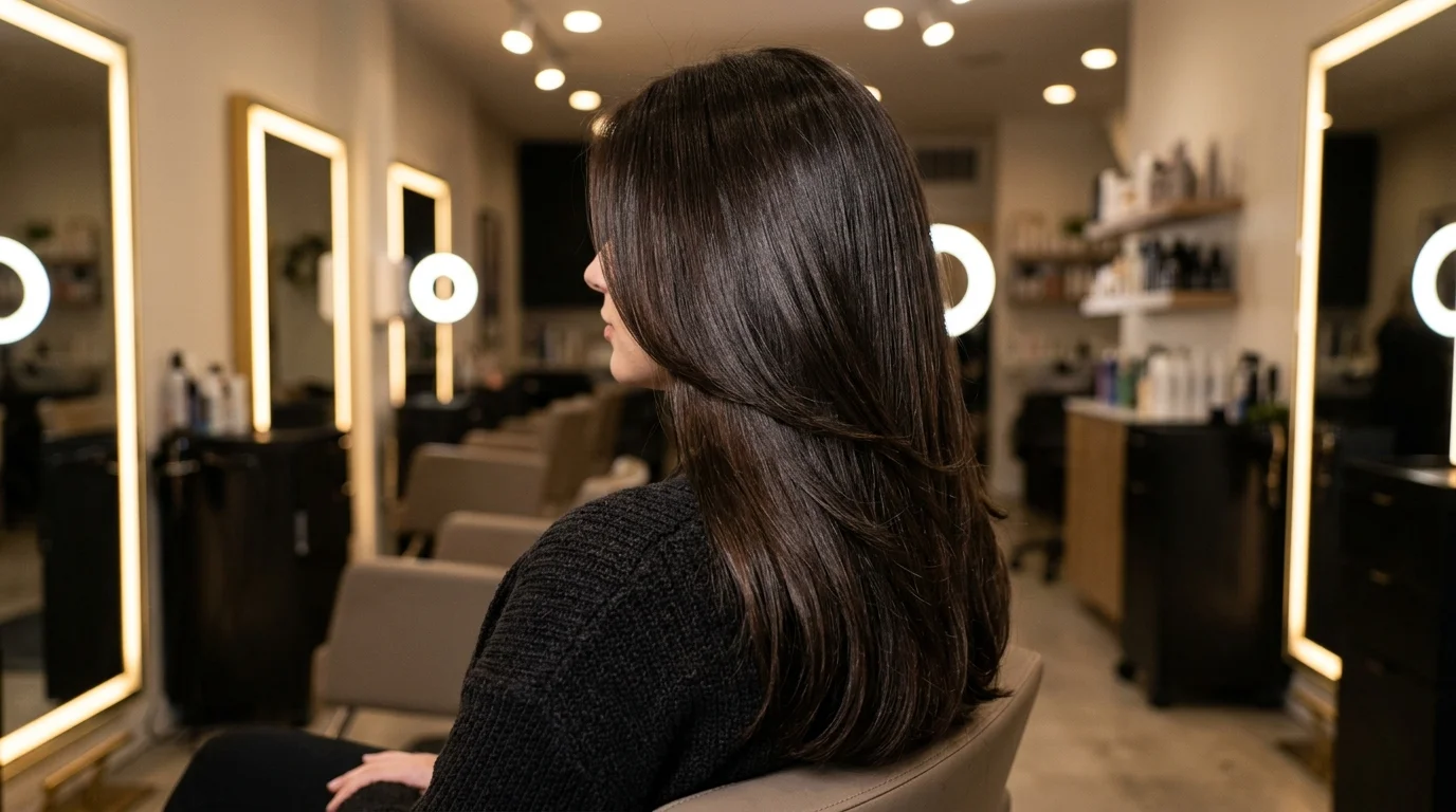 Classic dark chocolate brown hair on long straight hair, level 4 one-process brunette with rich shine