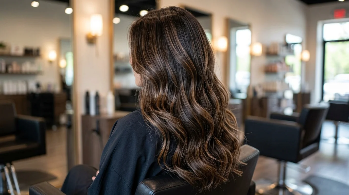 Walnut balayage dark chocolate brown hair, cool walnut highlights hand-painted over dark chocolate base