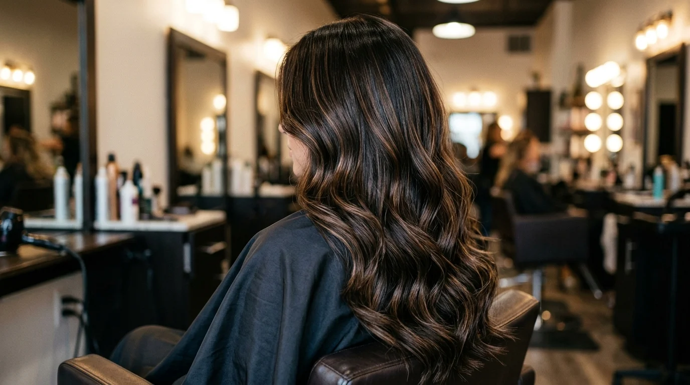 Cocoa ribbon balayage dark chocolate brown hair, thin cocoa ribbons woven through dark brunette hair