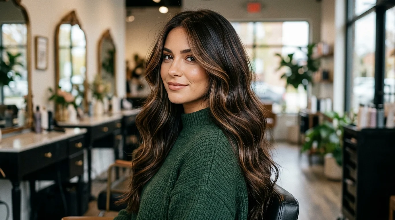 Caramel face-framing dark chocolate brown hair, bright caramel pieces framing the face against dark chocolate lengths
