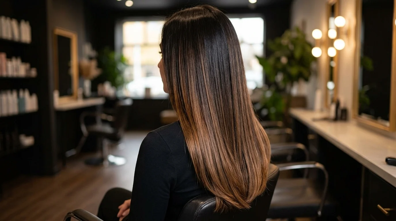 Toffee-tipped dark chocolate brown hair, dark chocolate lengths ending in warm toffee tips