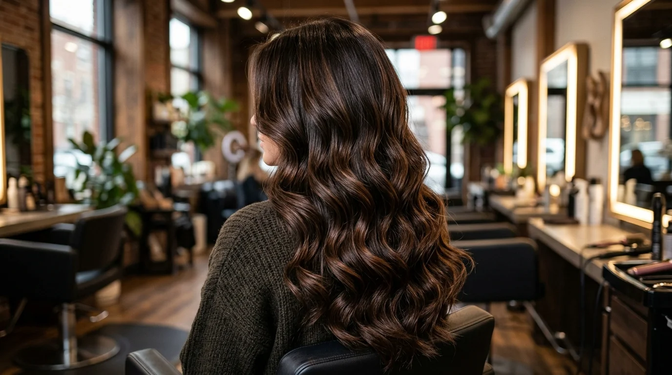 Hot cocoa dimension dark chocolate brown hair, layered hot cocoa tones with warm depth on long wavy hair