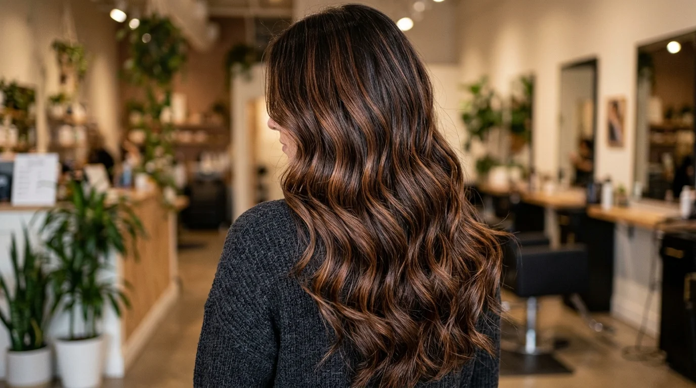 Spiced cocoa ribbons dark chocolate brown hair, spiced amber ribbons through dark chocolate waves